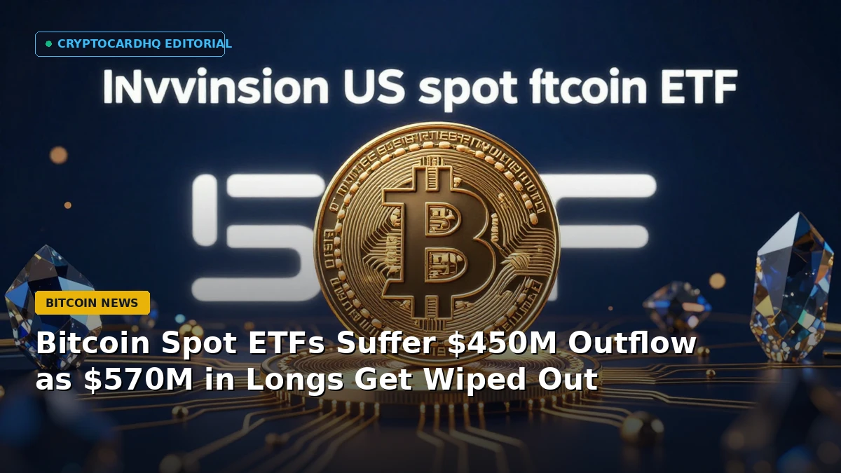 Bitcoin Spot ETFs Suffer $450M Outflow as $570M in Longs Get Wiped Out — CryptoCardHQ editorial cover