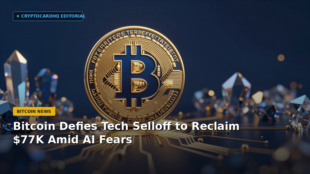 Bitcoin Defies Tech Selloff to Reclaim $77K Amid AI Fears — CryptoCardHQ editorial cover