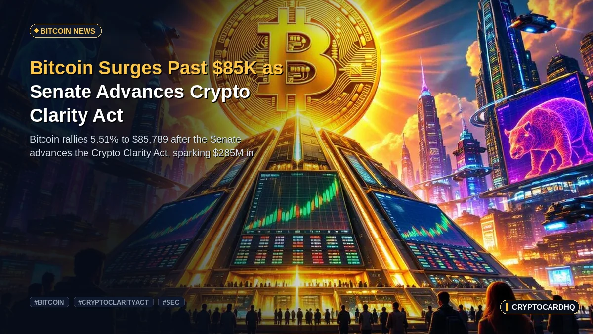 Bitcoin Surges Past $85K as Senate Advances Crypto Clarity Act — CryptoCardHQ editorial cover