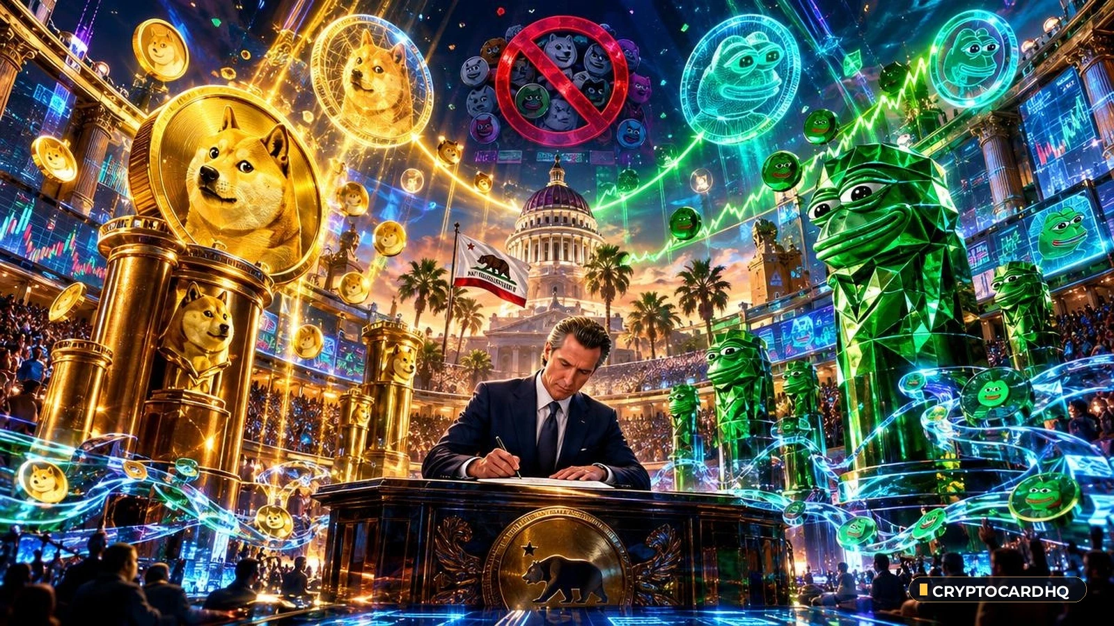 California AB 2409 Memecoin Ban: Gavin Newsom Signs Strict 2027 Exchange Crackdown — CryptoCardHQ editorial cover