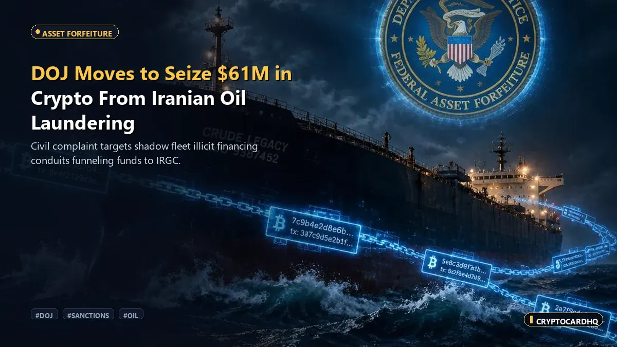 DOJ Moves to Seize $61M in Crypto Laundered from Iranian Shadow Oil — CryptoCardHQ editorial cover