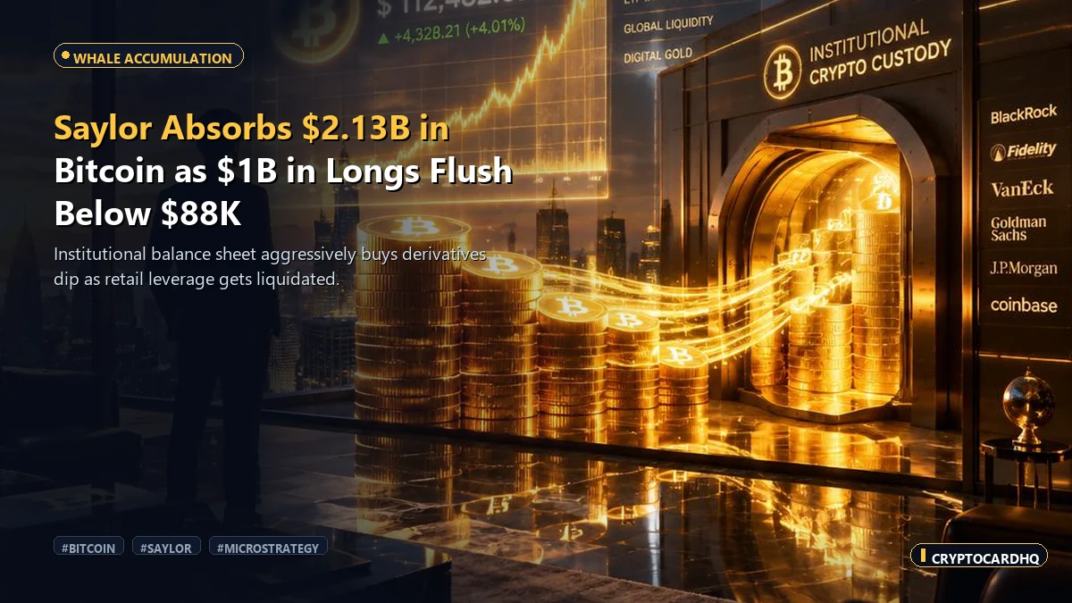 Saylor Absorbs $2.13B in Bitcoin as $1B in Longs Liquidate Sub-$88K — CryptoCardHQ editorial cover