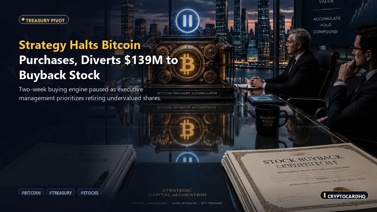 Strategy Halts Bitcoin Buying Engine, Diverts $139M to Retire Stock — CryptoCardHQ editorial cover