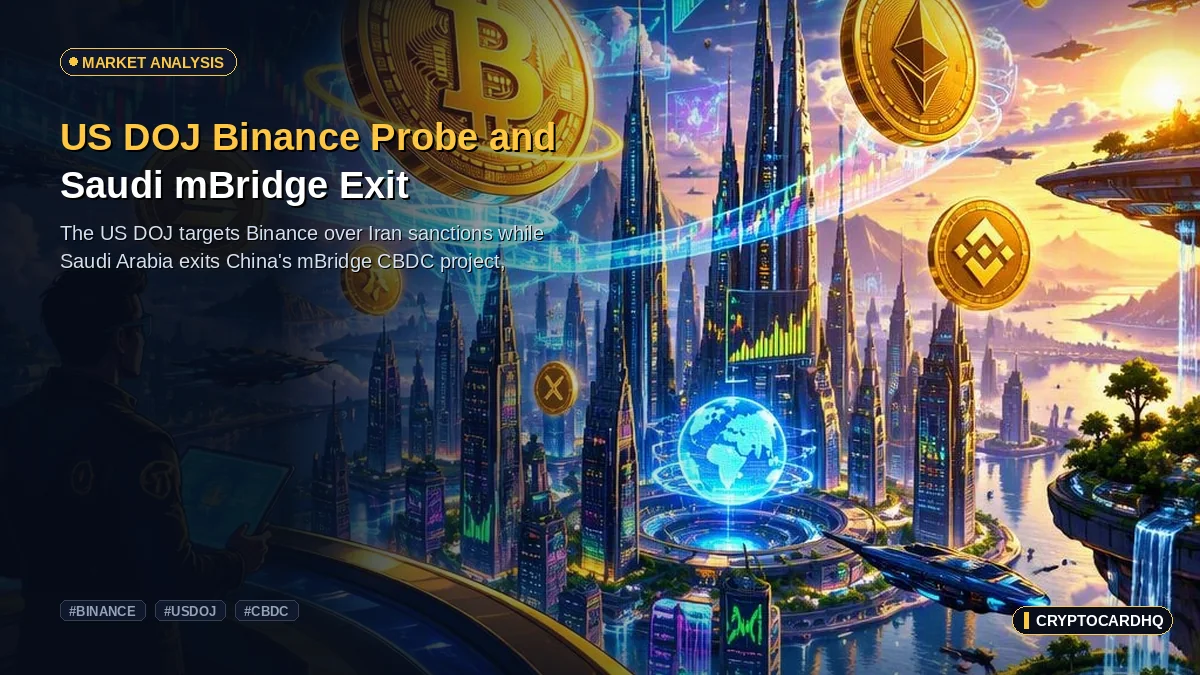 US DOJ Binance Probe and Saudi mBridge Exit — CryptoCardHQ editorial cover