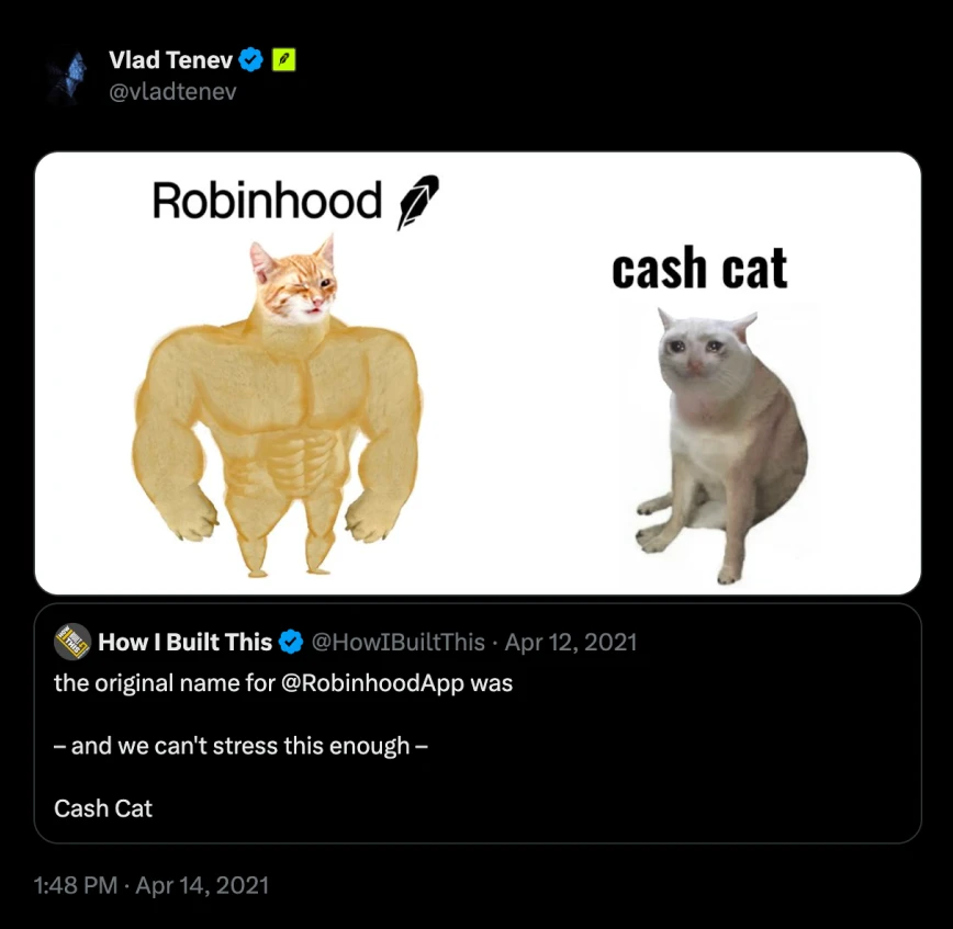 Vlad Tenev Official Robinhood Tweet Comparing Cash Cat and Swole Cat