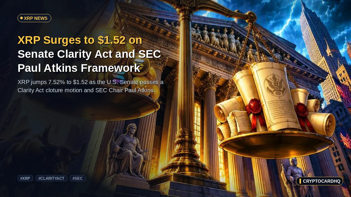 XRP Surges to $1.52 on Senate Clarity Act and SEC Paul Atkins Framework — CryptoCardHQ editorial cover